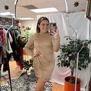 Free People Ruched Long Sleeve Metallic Gold Mini Dress Size 4